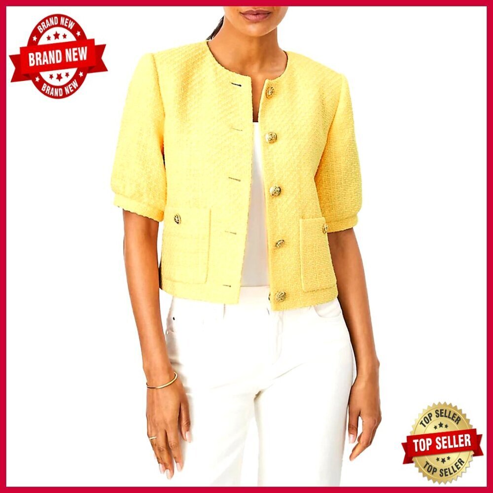 Cropped Tweed Blazer Puff Short Sleeve Button Front Work Office Casual